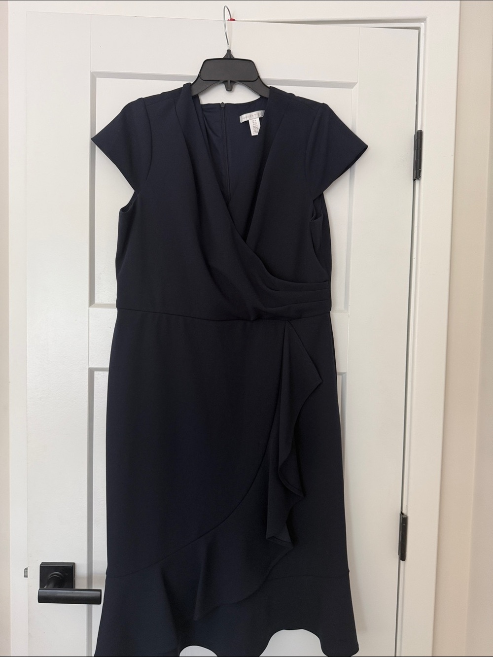 London Times Navy Surplice Ruffle Midi Dress